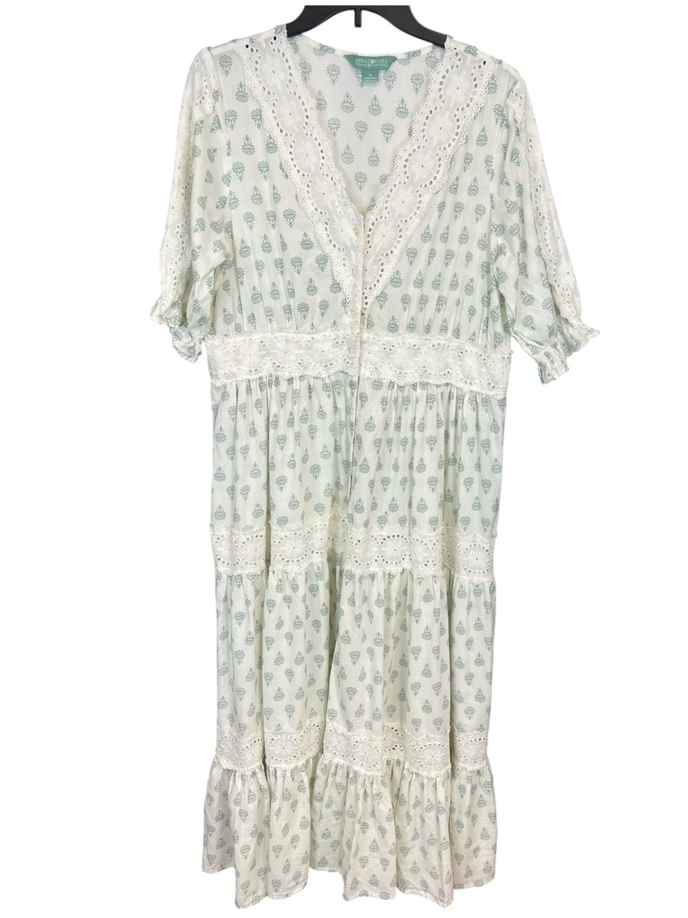 April Cornell Prairie floral cottagecore maxi Dress tiered lace inserts medium - Picture 7 of 14